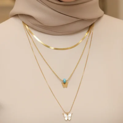 سلسلة ستانليس فراشات و حبة زرقاء 3 دوار